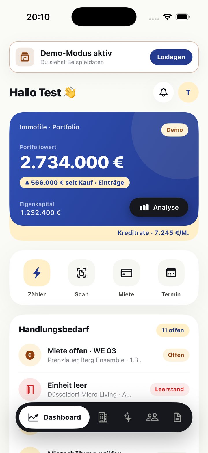 Immofile Dashboard mit Portfoliowert und Handlungsbedarf
