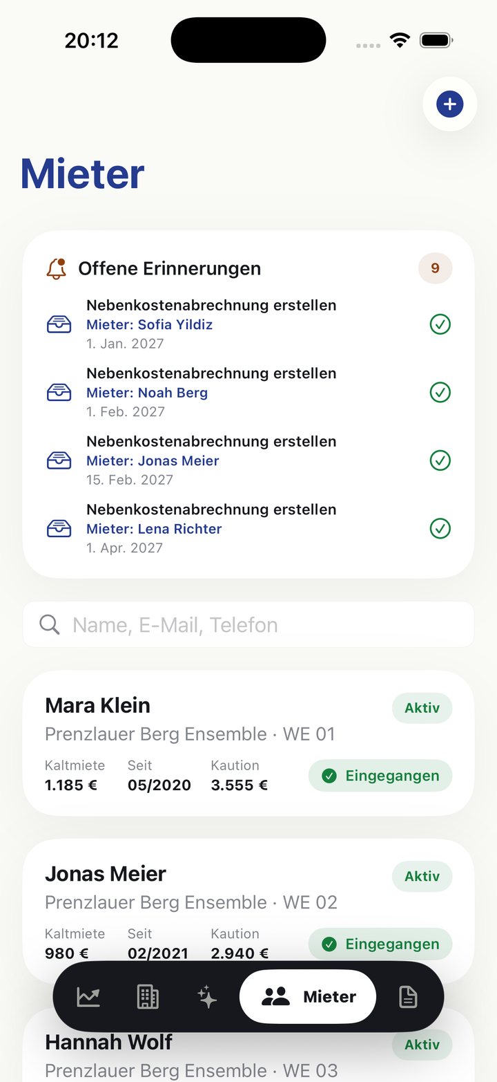 Immofile Mieterliste mit Erinnerungen und Mietstatus