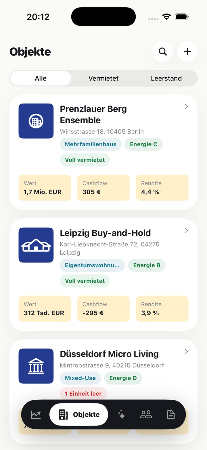 Immofile Objektliste mit Wert, Cashflow und Rendite